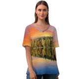 yanfind V Neck T-shirt for Women Bruno Glätsch Forest Trees Sunset Sky Mirror Lake Reflection Landscape Scenery Afterglow Summer Top  Short Sleeve Casual Loose