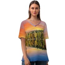 yanfind V Neck T-shirt for Women Bruno Glätsch Forest Trees Sunset Sky Mirror Lake Reflection Landscape Scenery Afterglow Summer Top  Short Sleeve Casual Loose