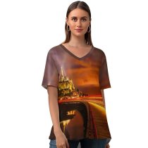 yanfind V Neck T-shirt for Women Trey Ratcliff Mont Saint Michel France Cathedral Monastery Church Night Time Light Summer Top  Short Sleeve Casual Loose