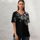 yanfind V Neck T-shirt for Women Black Dark Bubbles Liquid Macro Galaxy S  Summer Top  Short Sleeve Casual Loose