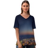 yanfind V Neck T-shirt for Women Crevisio Monaco Yacht Show Cityscape City Lights Night Time Ocean Seascape Sunset Summer Top  Short Sleeve Casual Loose