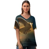 yanfind V Neck T-shirt for Women Gerd Altmann Seagull Birds Sunset Reflection Flying Bird Wings Blur Summer Top  Short Sleeve Casual Loose
