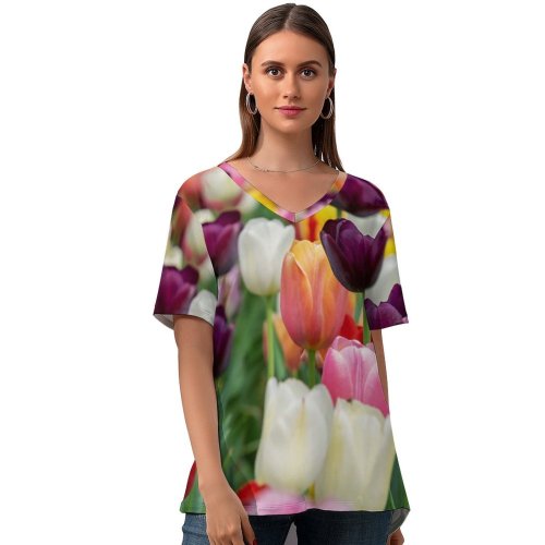 yanfind V Neck T-shirt for Women Flowers Tulip Flowers Multicolor Colorful Tulips Field Purple Beautiful Flower Garden Summer Top  Short Sleeve Casual Loose