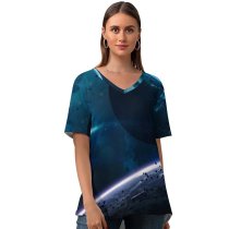 yanfind V Neck T-shirt for Women Vadim Sadovski Space Earth Planet Gateway Rocket Stars Asteroids Purple Light Summer Top  Short Sleeve Casual Loose