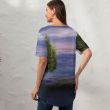 yanfind V Neck T-shirt for Women Fantasy Girl Dream Surreal Floating Lone Tree Above Clouds Sunrise Summer Top  Short Sleeve Casual Loose