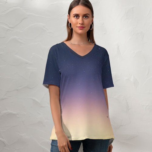 yanfind V Neck T-shirt for Women Starry Sky Sunlight Sunset Meteorite Fall Summer Top  Short Sleeve Casual Loose