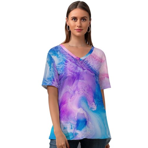 yanfind V Neck T-shirt for Women Robert Kohlhuber Abstract Liquid Art Pearl Colorful Fluid  Summer Top  Short Sleeve Casual Loose