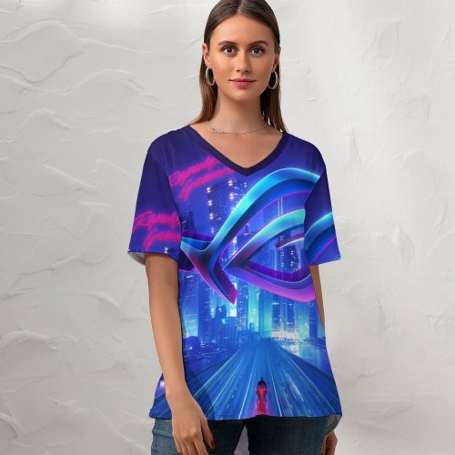 yanfind V Neck T-shirt for Women Technology Republic Gamers ASUS ROG Cityscape Neon Summer Top  Short Sleeve Casual Loose