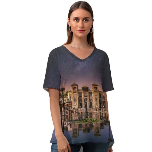 yanfind V Neck T-shirt for Women Massimiliano Morosinotto Castle Fountain Reflection Outer Space Milky Way Stars Pond Sunset Summer Top  Short Sleeve Casual Loose