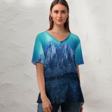 yanfind V Neck T-shirt for Women Moon Aurora Borealis Mountains Winter Forest Night Summer Top  Short Sleeve Casual Loose