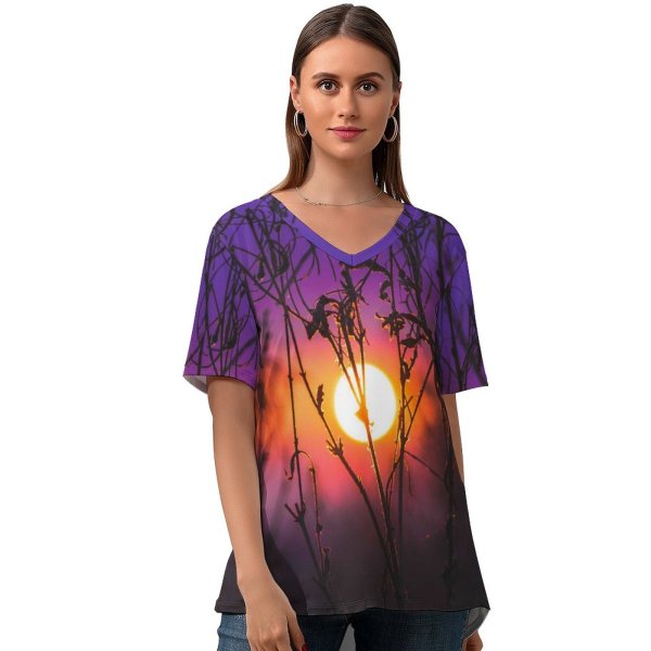 yanfind V Neck T-shirt for Women B Sunrise Silhouette Purple Sky Plants Dusk Blurred Summer Top  Short Sleeve Casual Loose