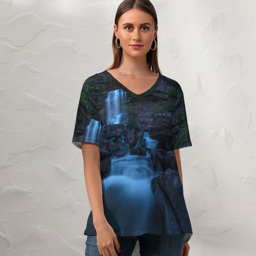 yanfind V Neck T-shirt for Women Gerald Berliner Kaaterskill Falls Waterfall Night York USA Summer Top  Short Sleeve Casual Loose
