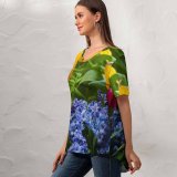 yanfind V Neck T-shirt for Women Arrangement Ogorod Iris Spring Petal Pottery Potted Flowers Jar Vase Plant Summer Top  Short Sleeve Casual Loose