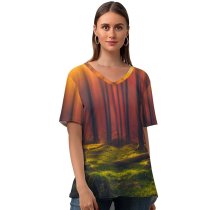 yanfind V Neck T-shirt for Women Hmetosche Sun Rays Forest Grass Woods Tall Trees Sunny Summer Top  Short Sleeve Casual Loose