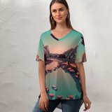yanfind V Neck T-shirt for Women Lake Mountains Rocks Sunrise Daylight Scenery MacOS Big Sur IOS Summer Top  Short Sleeve Casual Loose