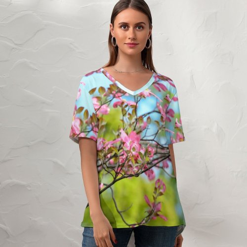yanfind V Neck T-shirt for Women Flowers Flowers Spring Bokeh Beautiful Bloom Summer Top  Short Sleeve Casual Loose