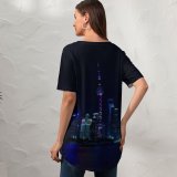 yanfind V Neck T-shirt for Women Black Dark Shanghai City China Cityscape Reflection Night Time City Lights Skyscrapers Summer Top  Short Sleeve Casual Loose