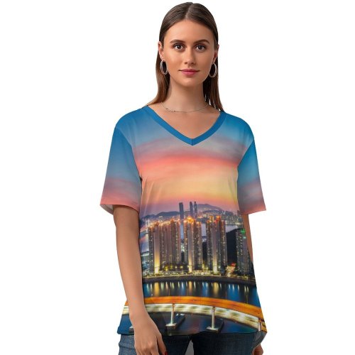 yanfind V Neck T-shirt for Women Anek Suwannaphoom Busan Gwangan Bridge City Lights Sunset Harbor Sky Metropolitan Urban Summer Top  Short Sleeve Casual Loose