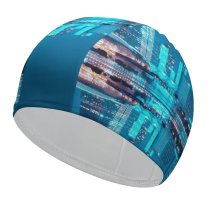 yanfind Swimming Cap Pang Yuhao City Singapore Hour Night  Cityscape Reflection Symmetrical Skyscrapers Sky Elastic,suitable for long and short hair