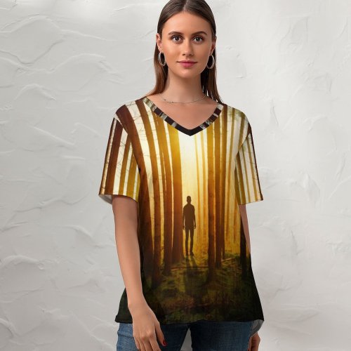 yanfind V Neck T-shirt for Women Johannes Plenio Silhouette Sunset Forest Woods Summer Top  Short Sleeve Casual Loose