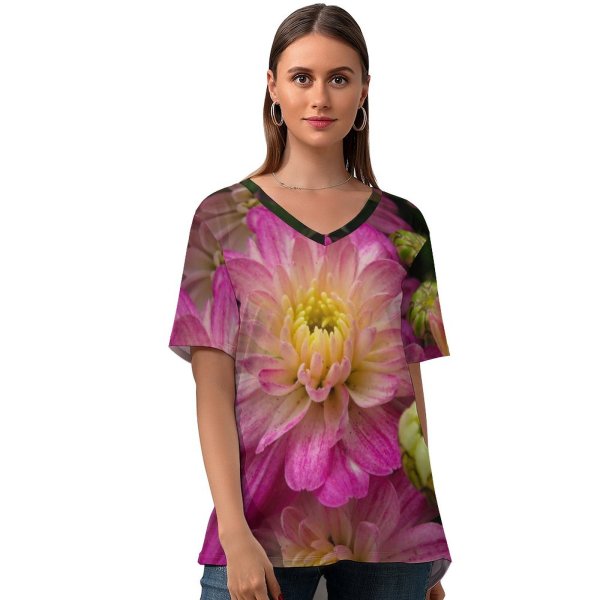 yanfind V Neck T-shirt for Women Arrangement Anther Petal Flowers Dahlia Plant Pollen Stock Free Daisy Flower Summer Top  Short Sleeve Casual Loose