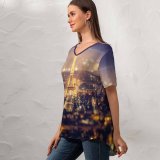 yanfind V Neck T-shirt for Women Andrés Nieto Porras Eiffel Tower Paris Night Time City Lights Cityscape Tourist Summer Top  Short Sleeve Casual Loose