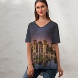 yanfind V Neck T-shirt for Women Massimiliano Morosinotto Castle Fountain Reflection Outer Space Milky Way Stars Pond Sunset Summer Top  Short Sleeve Casual Loose
