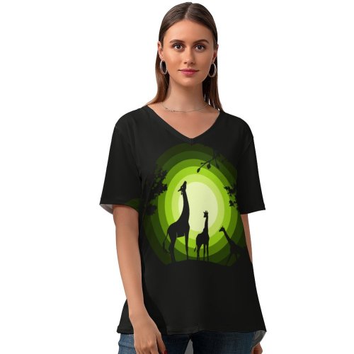yanfind V Neck T-shirt for Women Suryapraveen Dark Minimal Giraffe Cubs Silhouette Forest Moon Summer Top  Short Sleeve Casual Loose