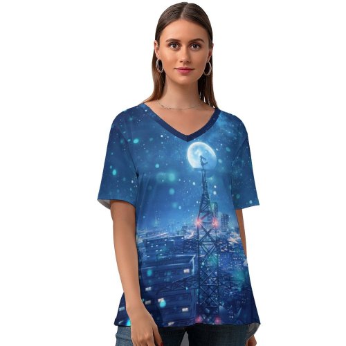 yanfind V Neck T-shirt for Women Fantasy Dream Cityscape Snowfall Moon Night Summer Top  Short Sleeve Casual Loose