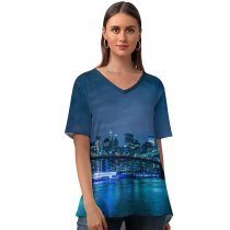 yanfind V Neck T-shirt for Women Brooklyn Bridge Manhattan Waterfront York Cityscape Night Life Clear Sky Architecture Summer Top  Short Sleeve Casual Loose
