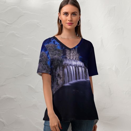 yanfind V Neck T-shirt for Women Black Dark Cascade Gairaut Gairaut Waterfall Historical Landmark Night Nice France Summer Top  Short Sleeve Casual Loose