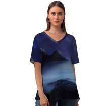 yanfind V Neck T-shirt for Women Dorothe Fantasy Moon Starry Sky Sea Rocks Night Dark Summer Top  Short Sleeve Casual Loose