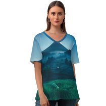 yanfind V Neck T-shirt for Women Aron Visuals Mount Agung Volcano Rice Fields Bali Crescent Moon Starry Sky Summer Top  Short Sleeve Casual Loose
