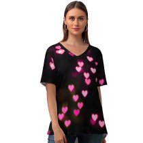 yanfind V Neck T-shirt for Women Black Dark Love Hearts Bokeh Glowing Lights Vibrant Blurred Heart Summer Top  Short Sleeve Casual Loose
