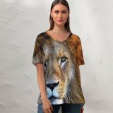 yanfind V Neck T-shirt for Women Lion Big Cat Predator Wild Carnivore Closeup Summer Top  Short Sleeve Casual Loose