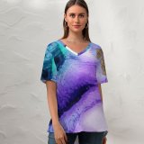 yanfind V Neck T-shirt for Women Robert Kohlhuber Abstract Liquid Art Pearl Purple Flowering Fluid Summer Top  Short Sleeve Casual Loose
