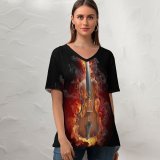 yanfind V Neck T-shirt for Women Black Dark Violin Fire Summer Top  Short Sleeve Casual Loose