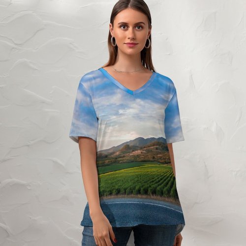yanfind V Neck T-shirt for Women Country HQ Landscape Filed Hills Wallpapers Power Pole Free Road Pictures Summer Top  Short Sleeve Casual Loose
