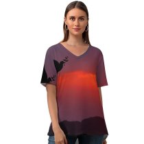 yanfind V Neck T-shirt for Women Love Couple Together Romantic Sunrise Dove Silhouette Summer Top  Short Sleeve Casual Loose