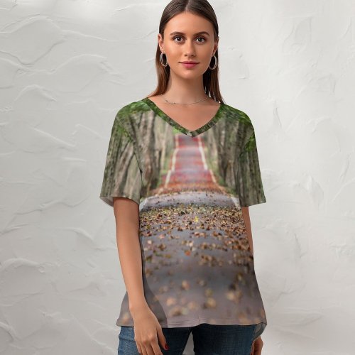 yanfind V Neck T-shirt for Women Fall Trees Road Tarmac Woods Foliage Summer Top  Short Sleeve Casual Loose