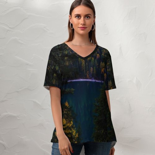 yanfind V Neck T-shirt for Women Francesco Ungaro Lake Forest Wilderness Pine Trees Evening Summer Top  Short Sleeve Casual Loose