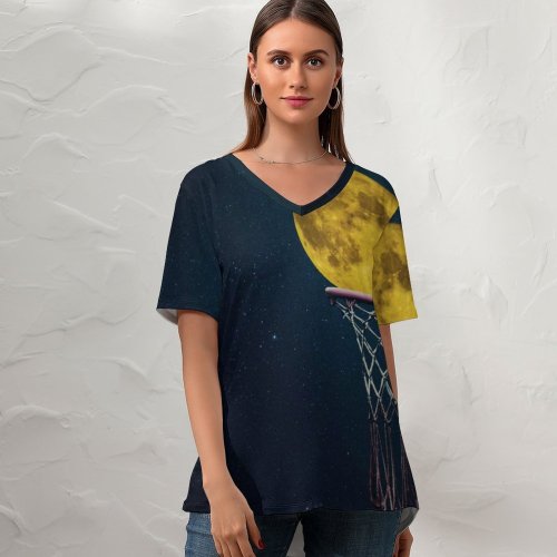 yanfind V Neck T-shirt for Women Anja Black Dark Moon Basketball Ring Night Sky Dark Stars Summer Top  Short Sleeve Casual Loose