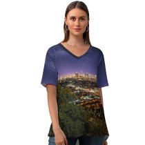 yanfind V Neck T-shirt for Women Lowe Rehnberg Los Angeles City Cityscape City Lights Night Time Horizon Starry Summer Top  Short Sleeve Casual Loose