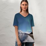 yanfind V Neck T-shirt for Women Lyngenfjord Norway Aurora Borealis Northern Lights Glacier Mountains Lake Reflection Night Sky Summer Top  Short Sleeve Casual Loose