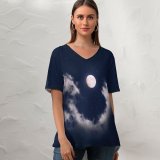 yanfind V Neck T-shirt for Women Aron Visuals Moon Clouds Night Starry Sky Summer Top  Short Sleeve Casual Loose