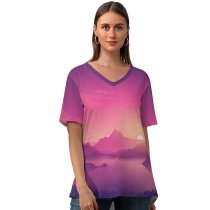 yanfind V Neck T-shirt for Women Coyle Lakeside Sky Sunset Minimal Art Gradient Landscape Scenic Panorama Summer Top  Short Sleeve Casual Loose