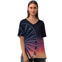 yanfind V Neck T-shirt for Women Black Dark Ferris Wheel Silhouette Sunset Neon Lights Amusement Park Purple Sky Summer Top  Short Sleeve Casual Loose