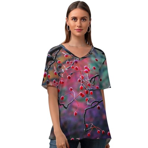 yanfind V Neck T-shirt for Women Autumn HQ Petal Public Wallpapers Plant Tree Fruits Berries Pictures Cherry Summer Top  Short Sleeve Casual Loose