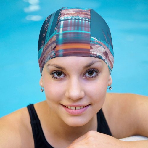 yanfind Swimming Cap Pang Yuhao Marina Bay Sands Singapore Hour Night Lights Waterfront Reflection Elastic,suitable for long and short hair