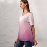 yanfind V Neck T-shirt for Women Meiying Ng Cityscape Urban Foggy Sunrise Skyscrapers Summer Top  Short Sleeve Casual Loose